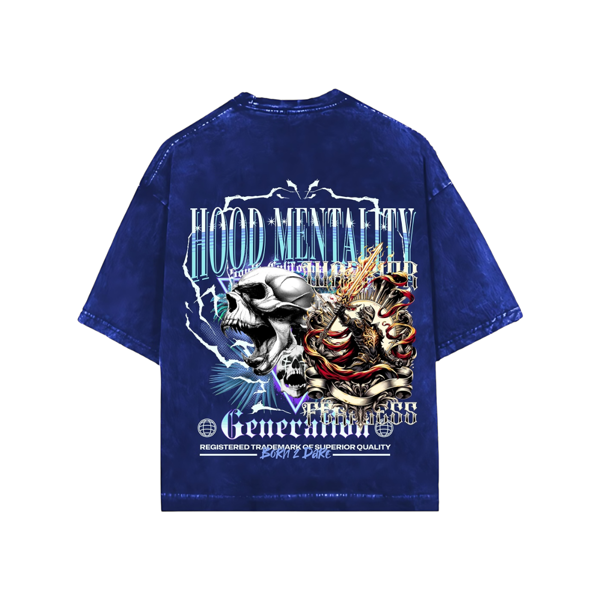 THE HOOD MENTALITY ROYAL BLUE ACID WASH OVERSIZED TEE
